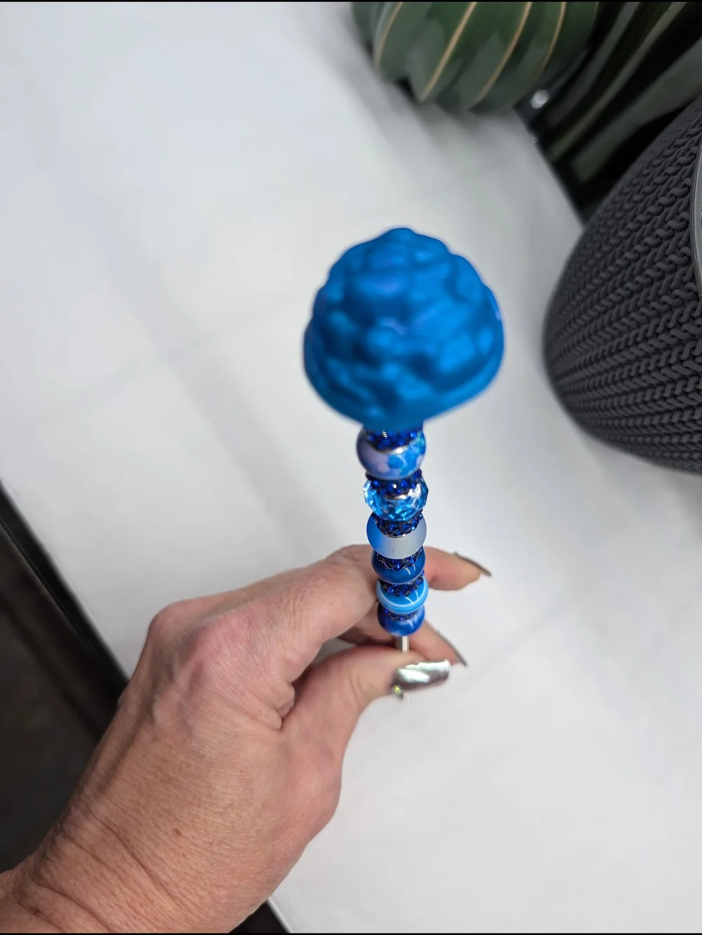 Blue Beaded Fairy Wand/Plant/Garden Stake W/Resin Succulent -Flower Topper